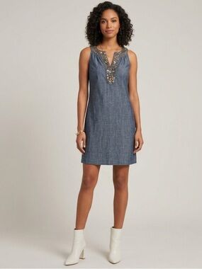 New York & Company Women's Size Small Denim Dress Sleeveless 100% Cotton Jeweled